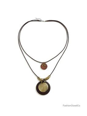Long Boho Leather Cord Necklace with Wooden Round Pendant Stackable